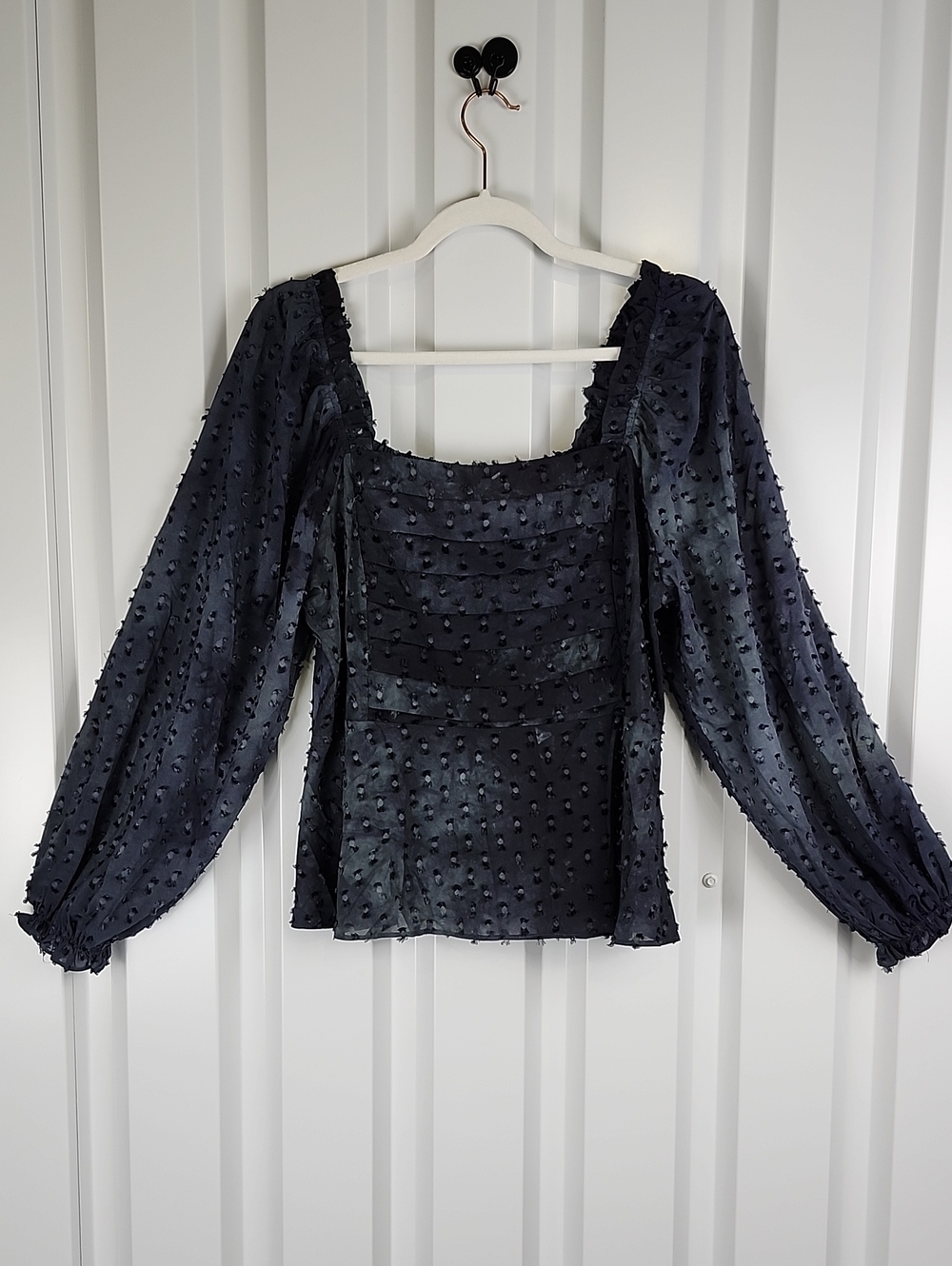 Current Air Womens Black Gray Swiss Dot Puff Sleeve Square Neck Blouse Large